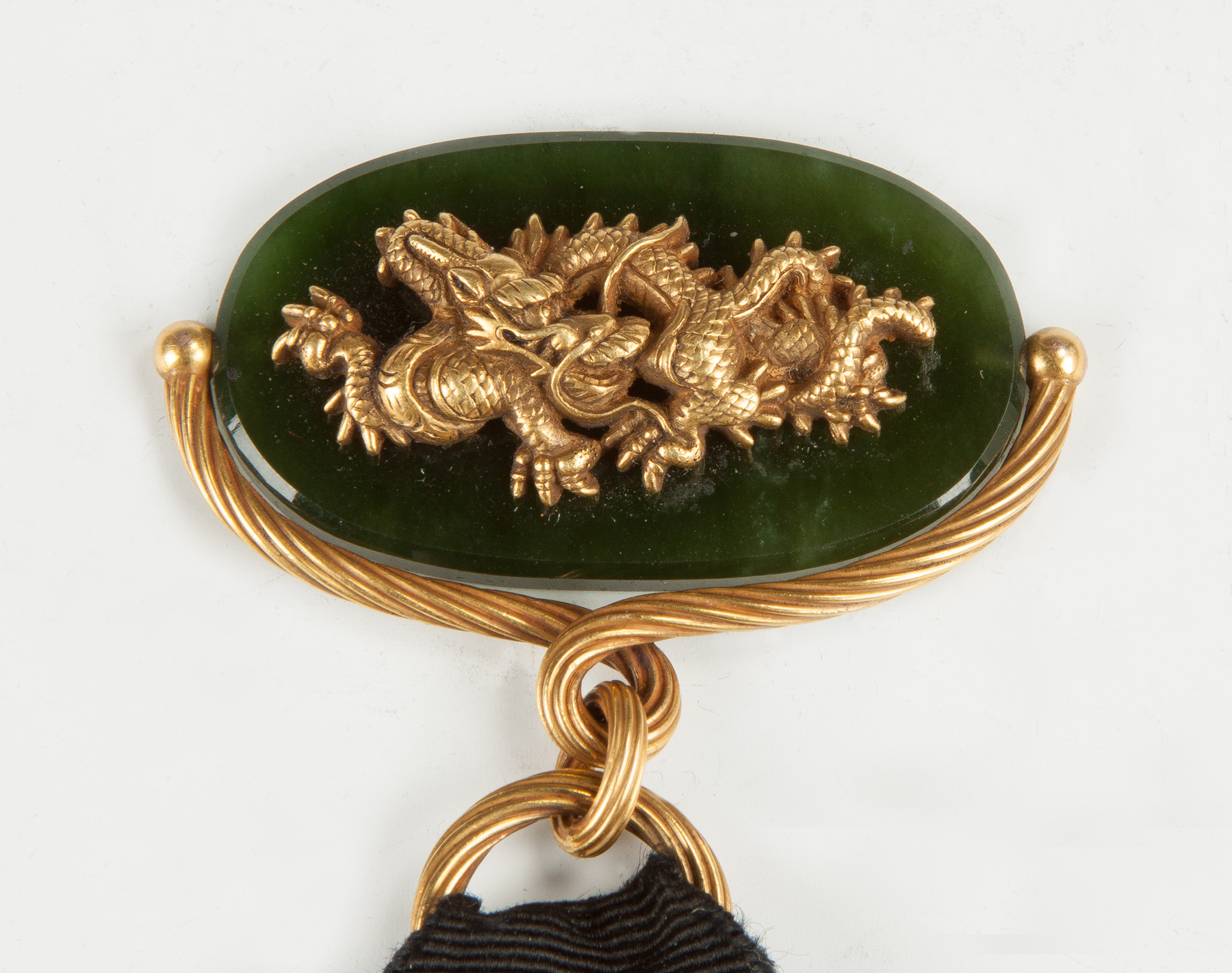 Appraisal: Chinese Spinach Jade K Gold Watch Fob with Dragon