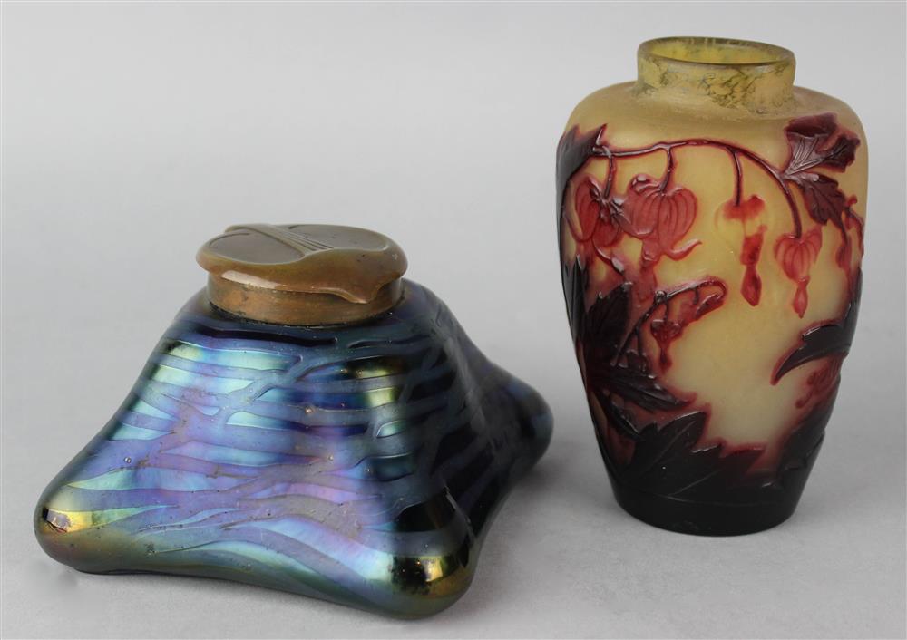 Appraisal: GALLE CAMEO GLASS VASE AND A LOETZ TYPE INK STAND