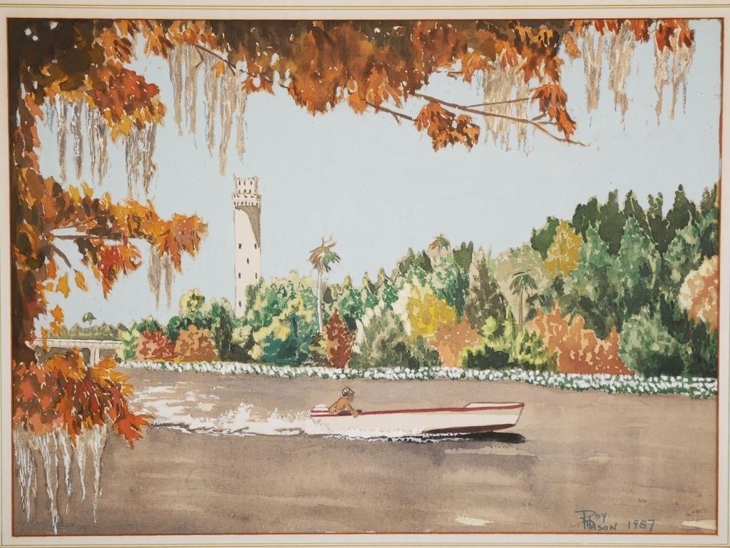 Appraisal: Watercolor on paper painting of a man piloting a boat