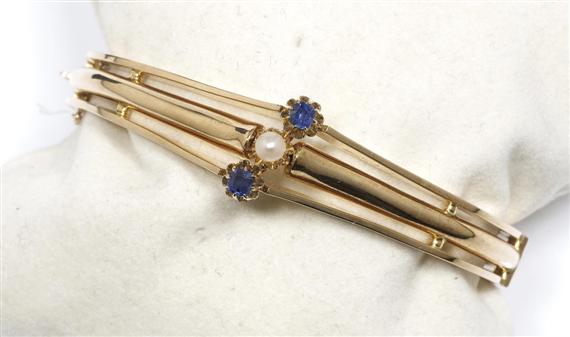 Appraisal: A SAPPHIRE PEARL AND GOLD BANGLE circa Pink gold Decorative