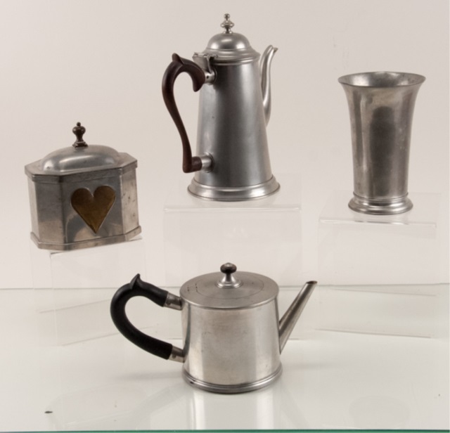 Appraisal: Four Pcs Of Pewter Includes Stieff Coffee Pot Colonial Williamsburg