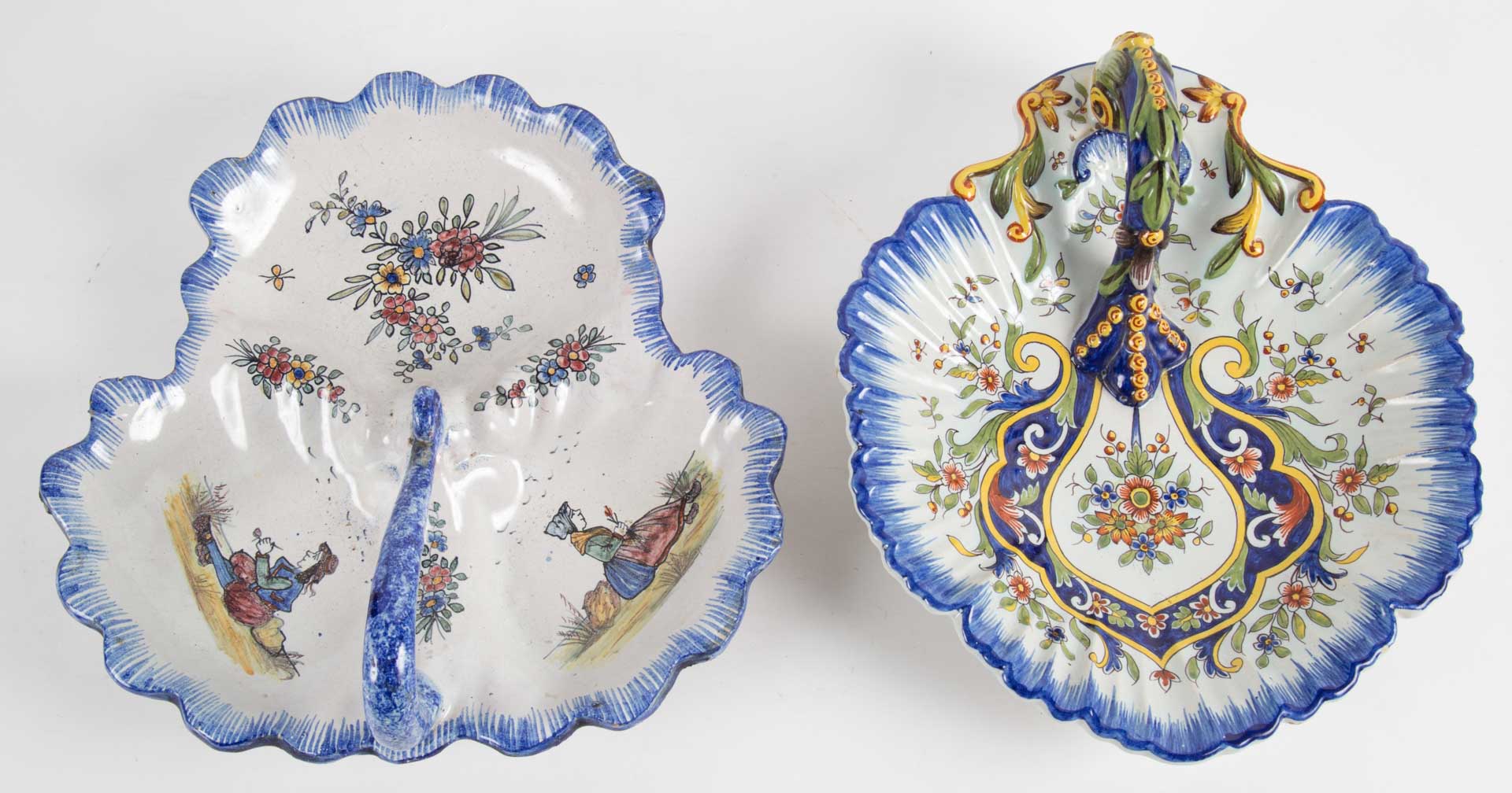 Appraisal: Two French faience bonbon dishes th century three-pocket handled dish