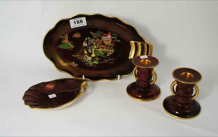 Appraisal: Carlton Ware Rouge Royale Dish decorated with Pagodas Candlesticks etc