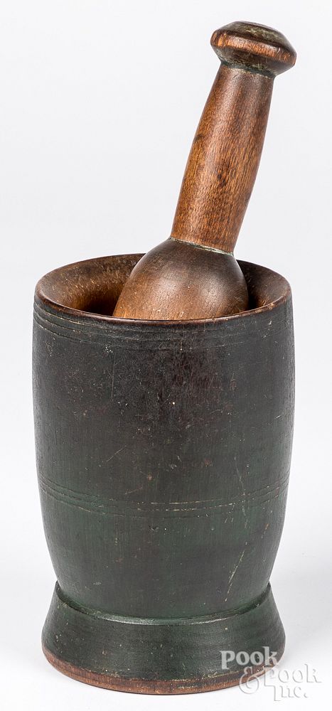 Appraisal: Green painted mortar and pestle th c Green painted mortar