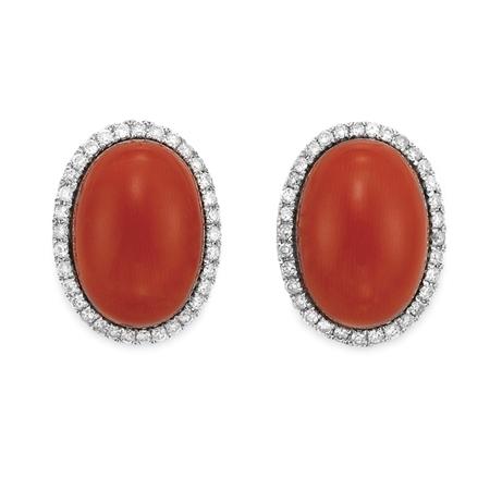 Appraisal: Pair of Coral and Diamond Earrings Estimate -