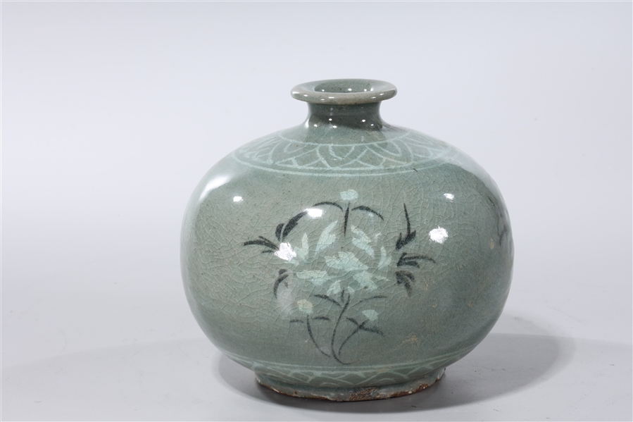 Appraisal: Korean celadon glazed vase with flowers x approx