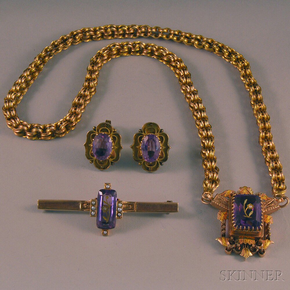 Appraisal: Small Group of Antique Gold and Amethyst Jewelry a kt