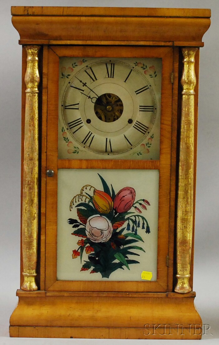 Appraisal: Parcel-gilt Split-column and Blonde Mahogany Veneer Ogee Clock painted metal