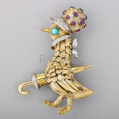 Appraisal: JEWELED BICOLOR K GOLD MOTHER GOOSE BROOCH Whimsically sculpted goose