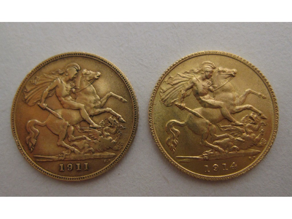 Appraisal: Two George V half sovereigns dated