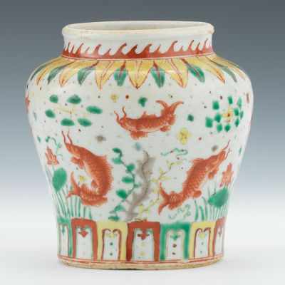 Appraisal: A Chinese Transitional Period Wucai Jar Pottery jar with a