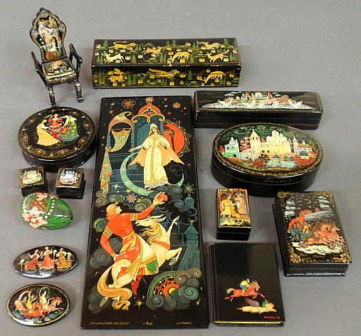 Appraisal: - Group of Russian lacquerware boxes and accessories largest l