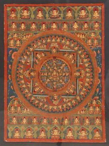 Appraisal: Framed Tibetan Buddhist mandala Thangka Paubha painting on cloth depicting