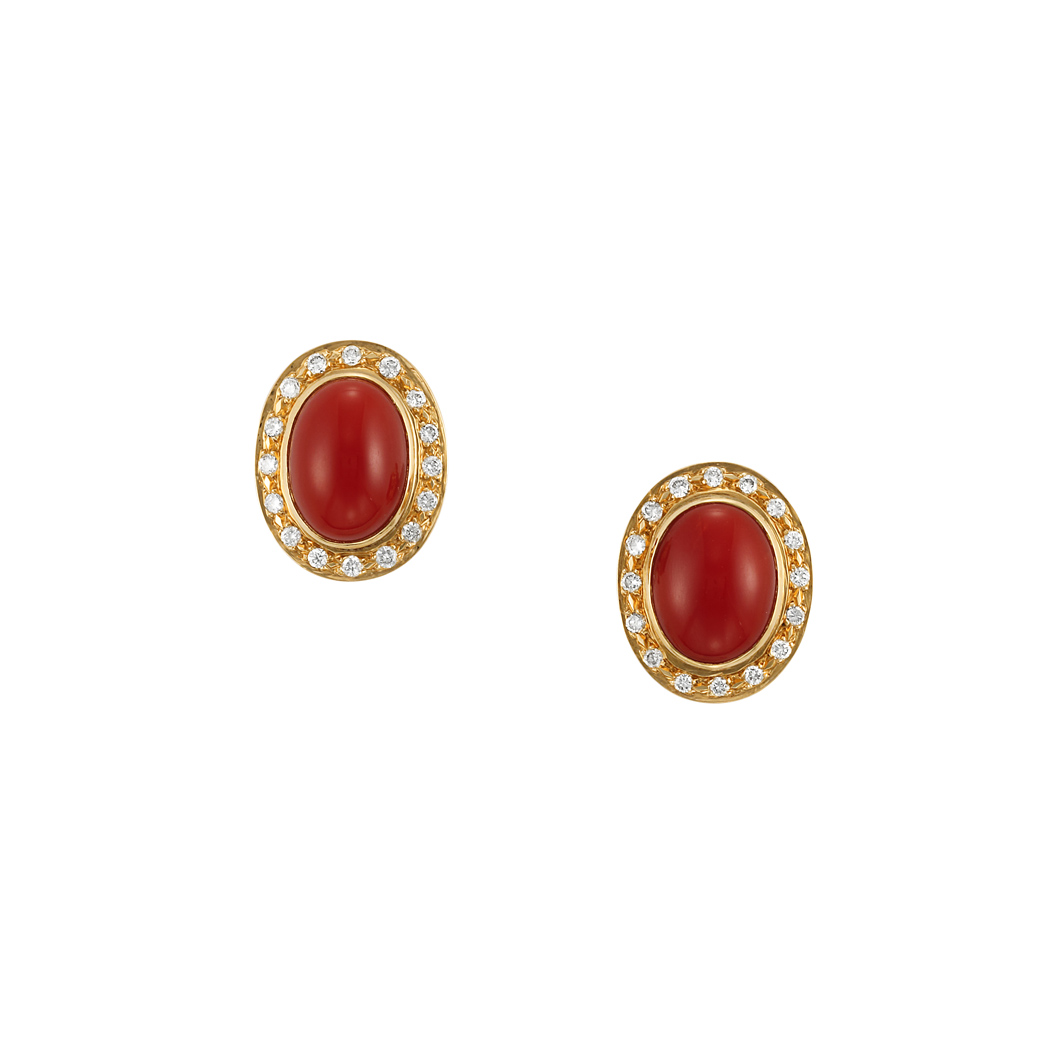 Appraisal: Pair of Gold Oxblood Coral and Diamond Earclips Centering oval