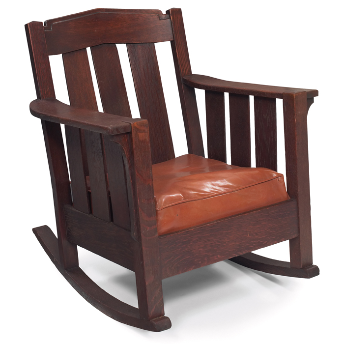 Appraisal: Stickley Brothers rocker peakedtop with three wide vertical slats at