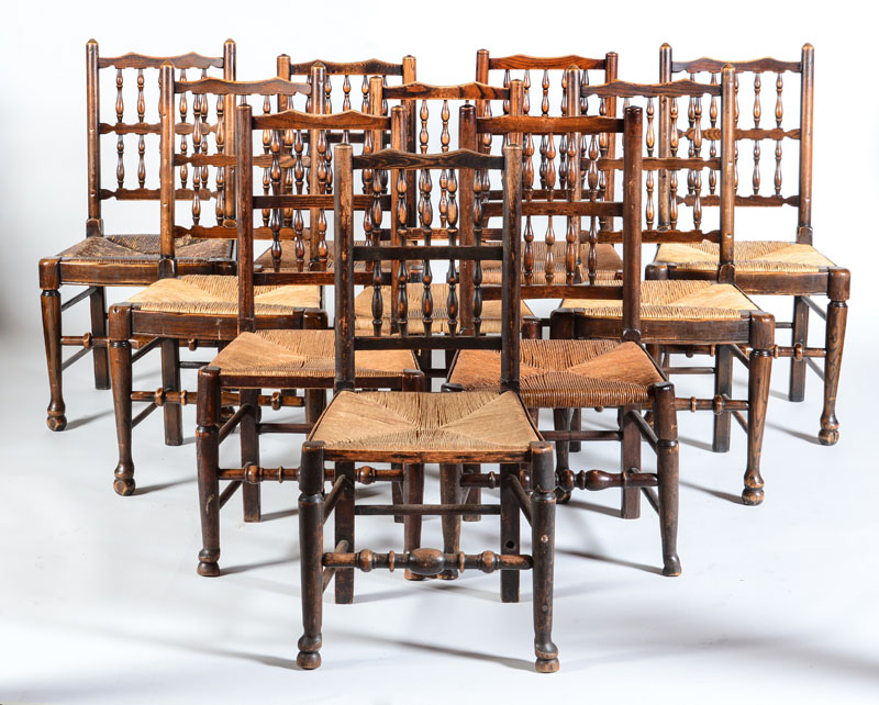 Appraisal: SET OF TEN ASSEMBLED YORKSHIRE ELM SPINDLE-BACK DINING CHAIRS Fitted