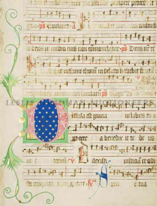 Appraisal: ILLUMINATED MANUSCRIPT LEAF ANTIPHONAL An illuminated antiphonal leaf circa th