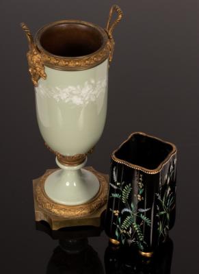 Appraisal: A green glazed jardini re with bianco-sopra-bianco decoration and gilt