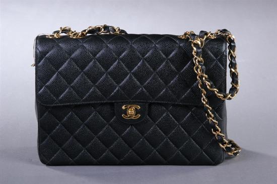 Appraisal: BLACK LEATHER CHANEL HANDBAG WITH BOX Quilted leather exterior with