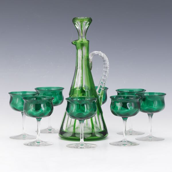 Appraisal: GREEN GLASS ICE WINE DECANTER AND EIGHT VENETIAN GREEN OPTIC