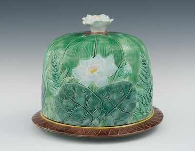 Appraisal: Joseph Holdcroft Majolica Large Water Lily Cheese Keeper ca -