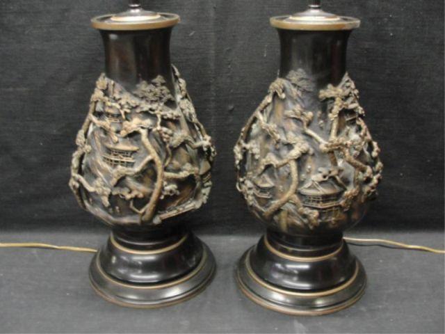 Appraisal: Pair of Asian Bronze Lamps With overlay decoration From a