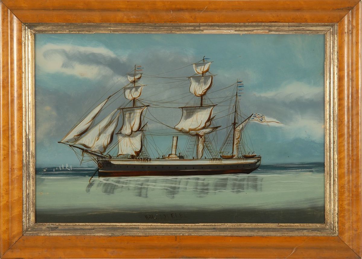 Appraisal: FRAMED REVERSE-PAINTING-ON-GLASS DEPICTING THE SCREW SLOOP H M S DOTEREL