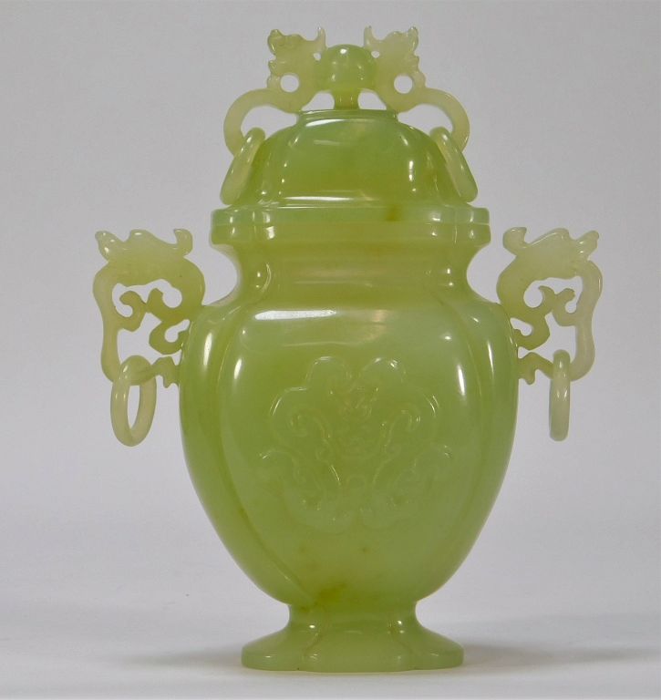 Appraisal: Chinese Carved Jadeite Covered Dragon Censor China Republic Period Urn