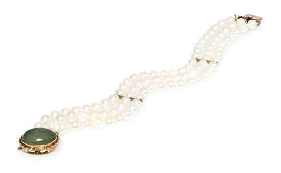 Appraisal: A Karat Yellow Gold Jade and Cultured Pearl Bracelet consisting