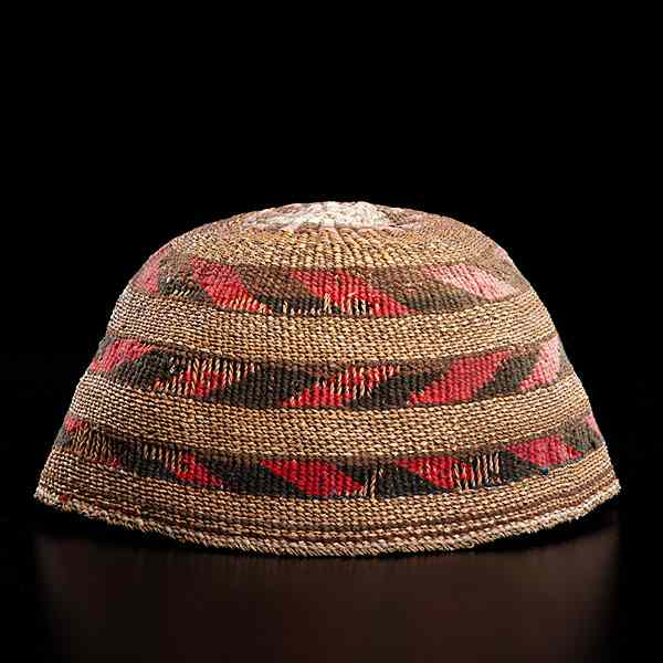 Appraisal: California Modoc Basketry Hat decorated with bands of red yarn