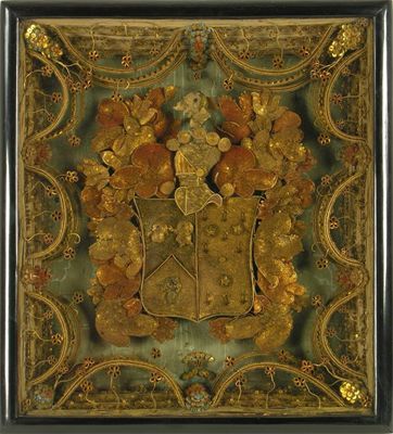 Appraisal: A scrolled paper coat of arms with polychrome and gilt