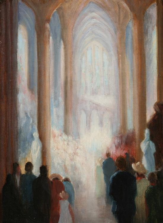 Appraisal: WALTER AFFROVILLE LEWINO English - CATHEDRAL INTERIOR WITH WORSHIPPERS signed