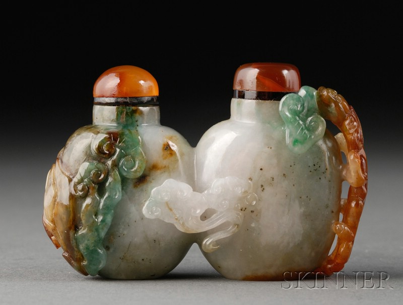 Appraisal: Jade Snuff Bottle gray-white stone with brilliant green and russet