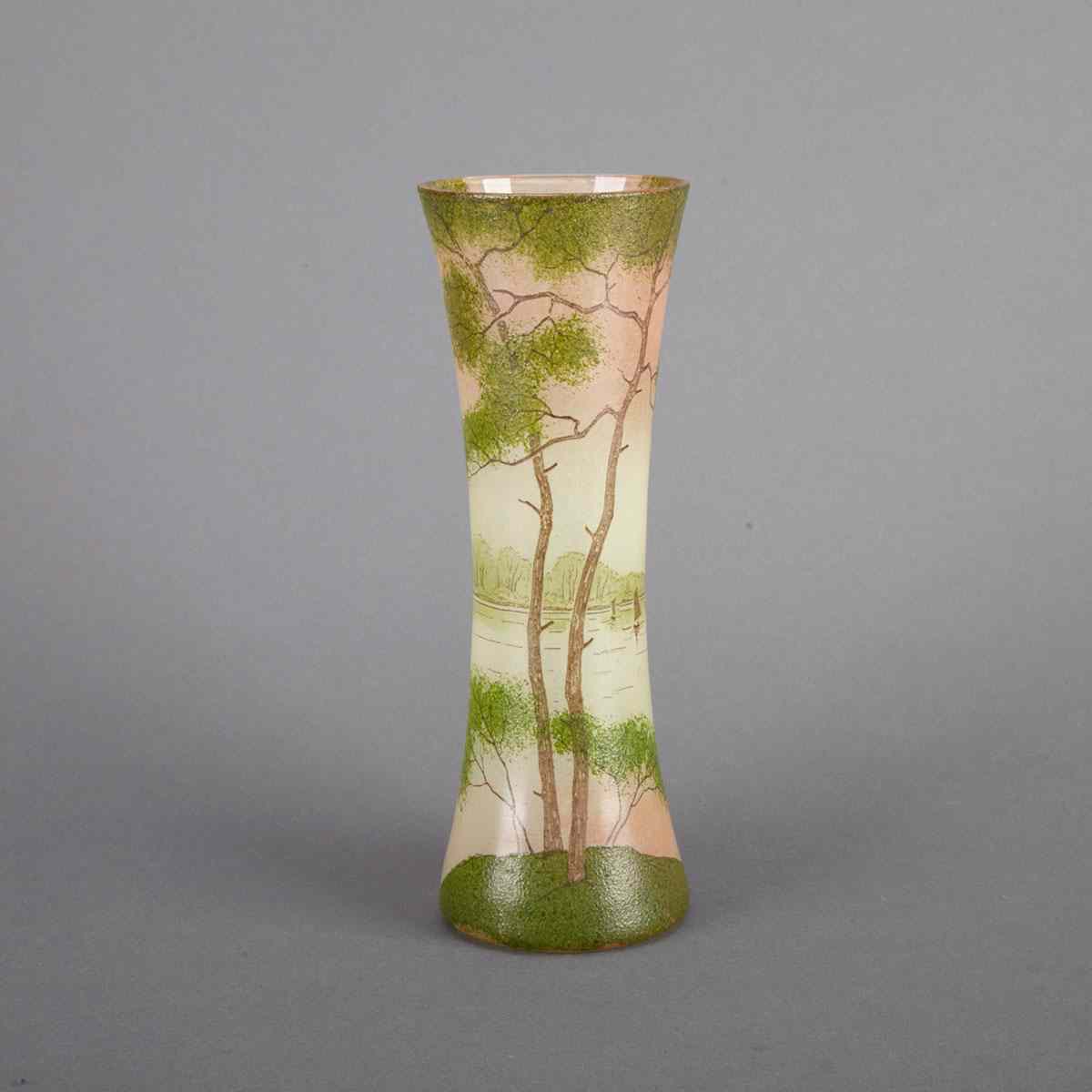 Appraisal: Legras Enameled Glass Lakeside Landscape Vase early th century height