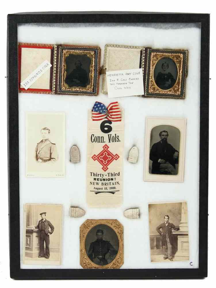 Appraisal: CIVIL WAR ERA PHOTOS SOLDIERS CIVILIANS REUNION RIBBON BULLETS -