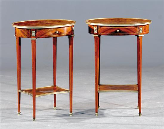 Appraisal: Pair Louis XVI style mahogany bouillotte tables inlaid oval top