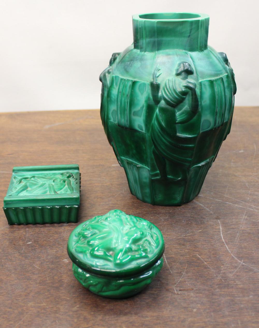 Appraisal: THREE MALACHITE GLASS TABLEWARE ITEMS by Heinrich Hoffman and Curt