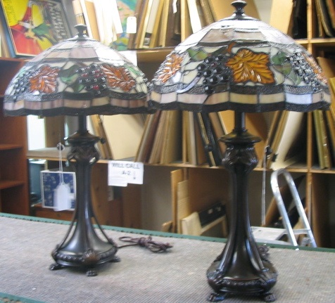 Appraisal: PAIR MATCHING STAINED AND LEADED GLASS TABLE LAMPS Each with