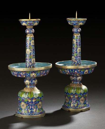 Appraisal: Pair of Chinese Cloisonne Pricket Candlesticks each with an inverted