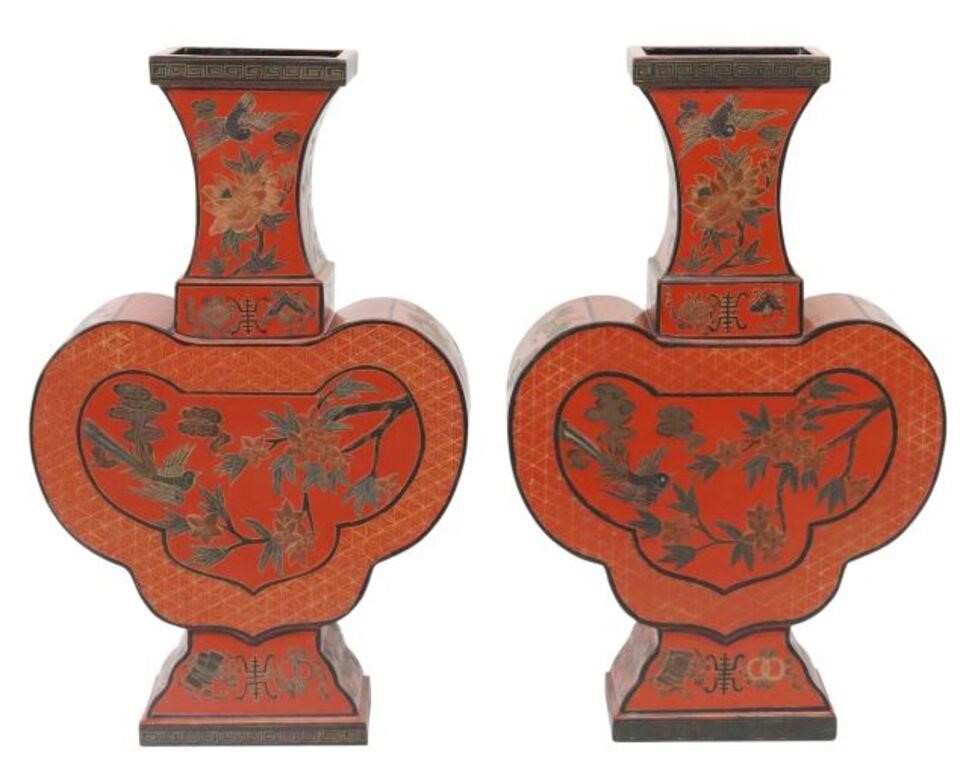 Appraisal: lot of Chinese red lacquer flat vases each of ruyi-form