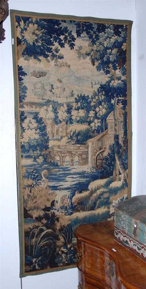 Appraisal: KLEINE TAPISSERIE Frankreich Jh Baumbestandene Flusslandschaft mit M hle im