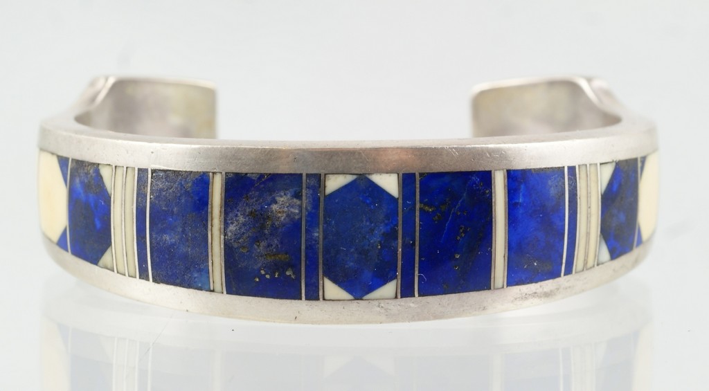 Appraisal: Navaho Ray Tracey lapis inlaid sterling silver cuff bracelet marked