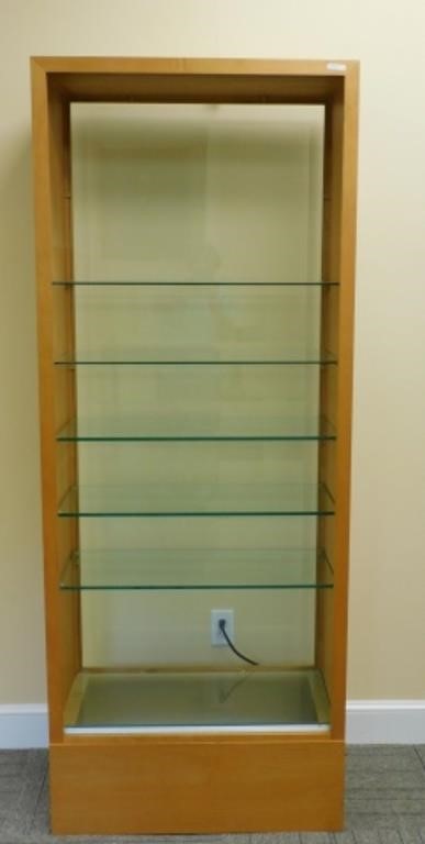 Appraisal: CONTEMPORARY MAPLE AND GLASS DISPLAY CASE PLATEglass shelves illuminated base