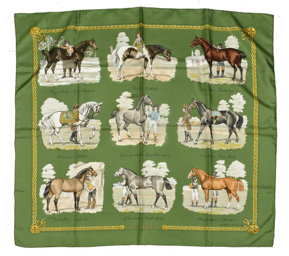 Appraisal: HERMES SILK SCARF Signed Equestrian vignettes of horses with riders