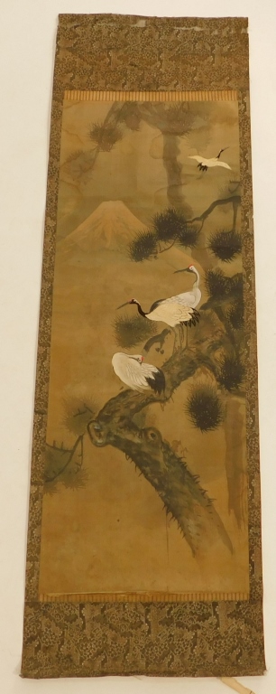 Appraisal: JAPANESE PAINTED CRANES HANGING WALL SCROLL Japan Meiji PeriodBird and