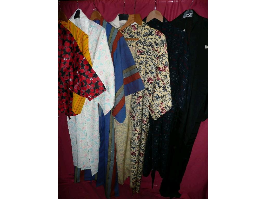 Appraisal: Japanese kimonos and fabric panels eight lightweight Japanese kimonos in