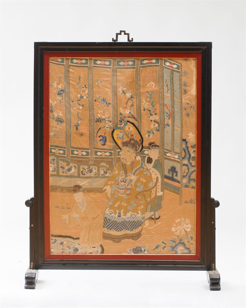 Appraisal: CHINESE EBONIZED WOOD AND NEEDLEWORK TABLE SCREEN x x in