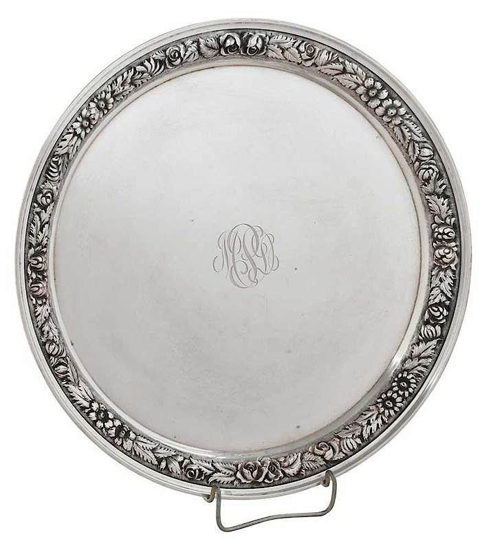 Appraisal: Stieff Repousse Sterling Round Tray Maryland th century marks for