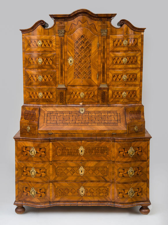 Appraisal: SOUTH GERMAN BAROQUE GILT-BRONZE-MOUNTED WALNUT KINGWOOD AND EBONY PARQUETRY SECR