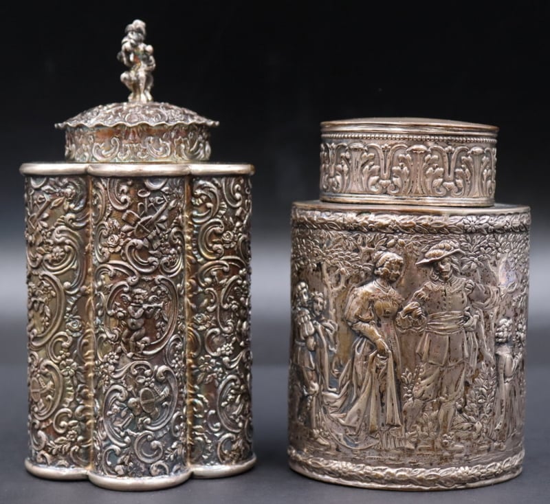 Appraisal: SILVER GERMAN SILVER TEA CADDIES Includes a monogrammed and signed